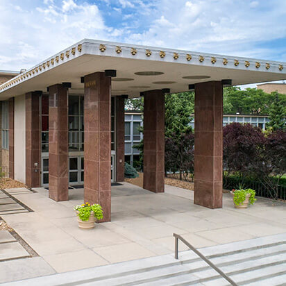 The Six Pillars outside of the Warde Academic Center